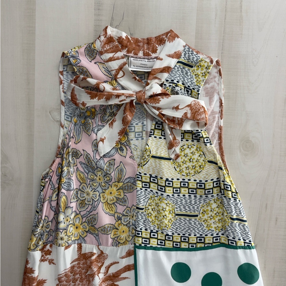 MOULINETTE SOEURS Anthropologie patchwork printed bow blouse top pink work - Picture 3 of 8